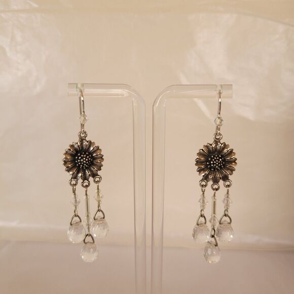 925 Sterling Sunflower Dangle Pierced Earrings Crystals 2.5 in. - Picture 1 of 7